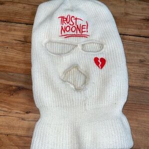 White Knit Balaclava with Red Embroidery